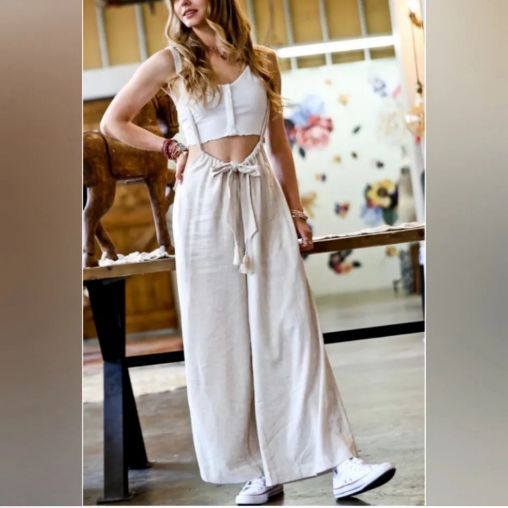 MAZIK shoulder strap overalls wide leg Linen blend